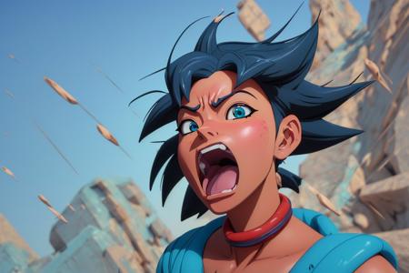 ((((masterpiece, best quality, 3d anime action shot in the style of [akira toriyama|makoto shinkai], highly detailed face and eyes, screaming, opened mouth face expression)))), Middle Eastern woman with eyes:indigo and hair:turquoise wearing fashion outfit solo focus,