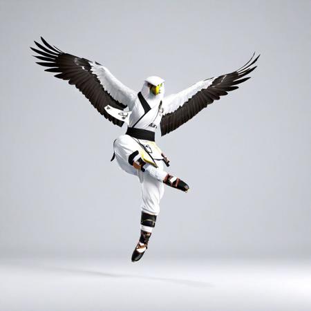 An anthropomorphic female hawk. Cool animated style. She is a martial artist and is wearing cool clothes. She has an attitude. She is balancing on one leg, performing the crane kick from the karate kid movie. The background is white.  ar 2:3  stylize 200
