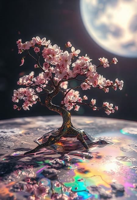 cherry blossom tree, completely transparent, reflective iridescent surface, glass art, colorful, translucent, Space, Lunar Surface, Cherry blossoms glow faintly, 
Earth in the background, 
Japanese art style, Japanese ink painting, 
best quality, sharp focus, high contrast, colorful, ultra quality, 8k, best quality,