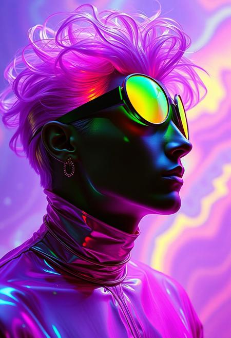 Male  superhero model , crystallisation, schizophernia, bioluminescent Jem the Hologram, surreal psychedelic flowing avant-garde art by Yoh Nagao and Erik Madigan Heck and Alan Aldridge, 1980's new wave totally radical fashion.,side view, side eye,