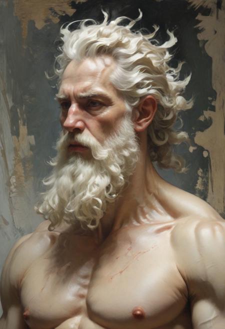 Zeus, white over white, top light, masterful painting in the style of Anders Zorn | Marco Mazzoni | Yuri Ivanovich, Todd McFarlane, oil on canvas