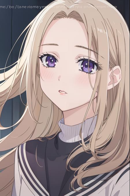 masterpiece, best quality, 1girl, solo, isaku, platinum blonde hair, bangs, frame both sides of her face, fair complexion, full pink lips, soft purple eyes, school uniform, standing, full body,