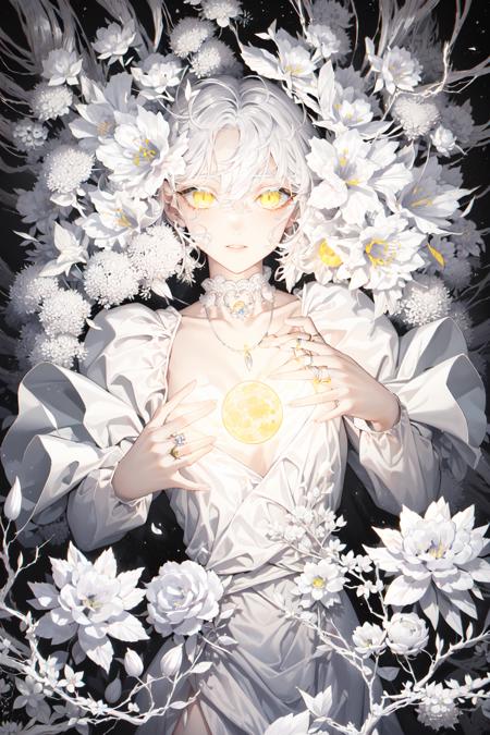 -1girl, flower, solo, yellow eyes, looking at viewer, white hair, white flower, parted lips, dress, jewelry, moon, ring, long hair, bangs, long sleeves, necklace, crescent, glowing, white dress, lying, hair flower, planet, hair between eyes, hands up,White hell,<lora:White hell-000018:0.9>,