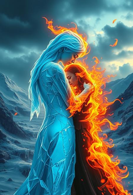 Girl made of ice hugging girl made of fire, epic scenery, semi realistic, vibrant colors,
