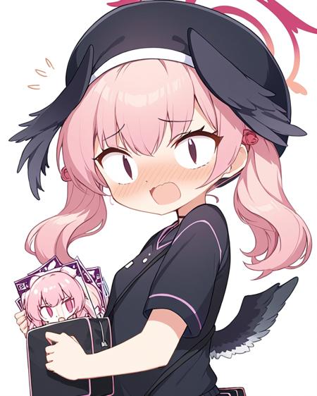 koharu \(blue archive\),1girl, black_shirt, black_headwear, solo, halo, nose_blush, short_sleeves, chibi, head_wings, twintails, open_mouth, holding, v-shaped_eyebrows, beret, bag, upper_body, slit_pupils, white_background, black_wings, looking_at_viewer, wavy_mouth, emphasis_lines, feathered_wings
<lora:koharu_(blue_archive)_image2073_2023-11-18_spv:1>,halo,. gorgeous,key visual, vibrant, studio anime,award-winning, professional, highly detailed,high budget, cinemascope