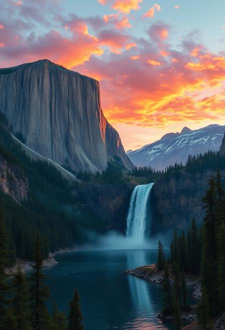 A breathtaking waterfall cascading from a towering cliff into a tranquil lake, surrounded by majestic mountains, vibrant sunset sky painted with oranges, pinks, and purples, hyperrealistic, cinematic, beautifully lit, 8k resolution, fine details, serene atmosphere, landscape painting by Thomas Kinkade and Albert Bierstadt