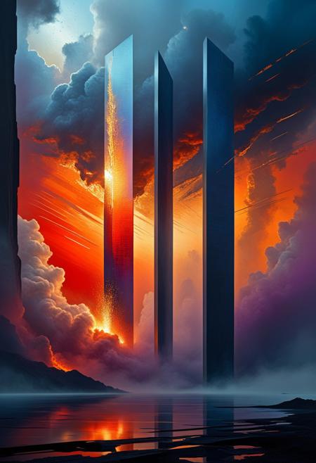 Abstract illustration, surreal fractured landscape, twilight sky with deep indigo to fiery orange gradient, towering geometric shapes resembling shattered glass and steel beams, inner light glowing within structures, dark polished surface reflecting light, ethereal swirling fog in muted purples and blues, vibrant golds and reds in the distance, bursts of light and shadow creating dynamic contrast, white beam of light piercing the sky symbolizing memory and hope, abstract expressionism and digital futurism hybrid, bold colors with intense reds, blacks, golds, and silver, light casting long stretched shadows, broad sweeping brushstroke textures enhanced with digital precision, mist swirling at the base of the scene, radiant sky evoking reflection and honor, powerful and dramatic atmosphere, emotional tribute to 9/11 without banality or figures.