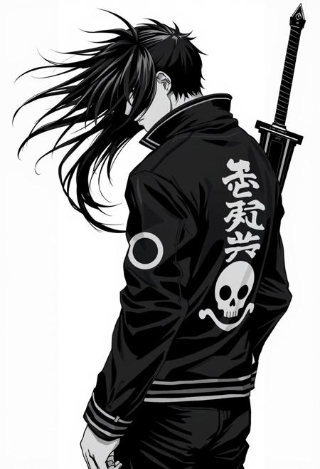 assassinkahb style, a black and white photo of an assassin wearing a motorcycle jacket with japanese writing on the back, solo, simple background, 1boy, white background, jacket, monochrome, upper body, greyscale, male focus, long hair in wind, weapon, clothes writing, skull, skeleton, japanese flag