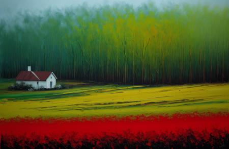 (style of Josh Adamski:1.05), scene painting,scenery,a painting, yard ,ranch ,garden ,clump , Forest ,