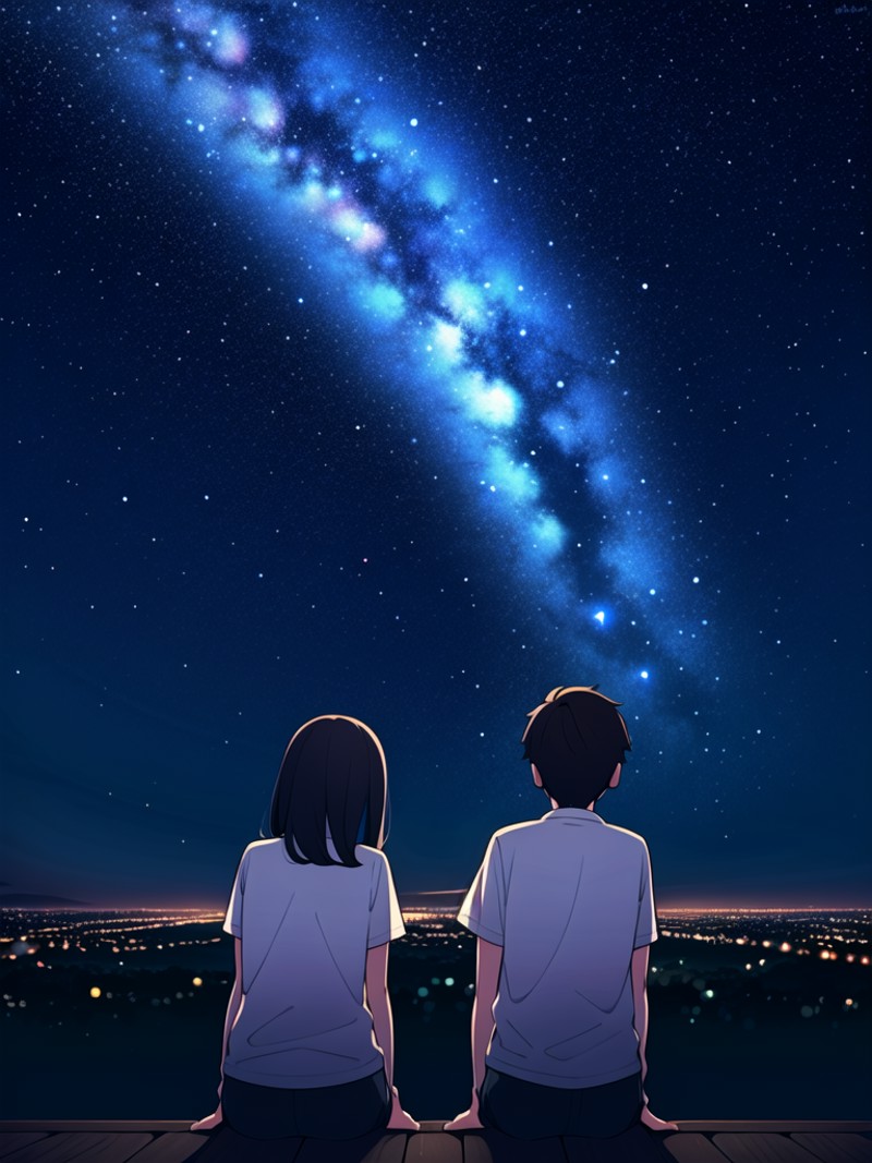 1boy,1girls, side-by-side,sitting, looking to the side, starry sky, night,