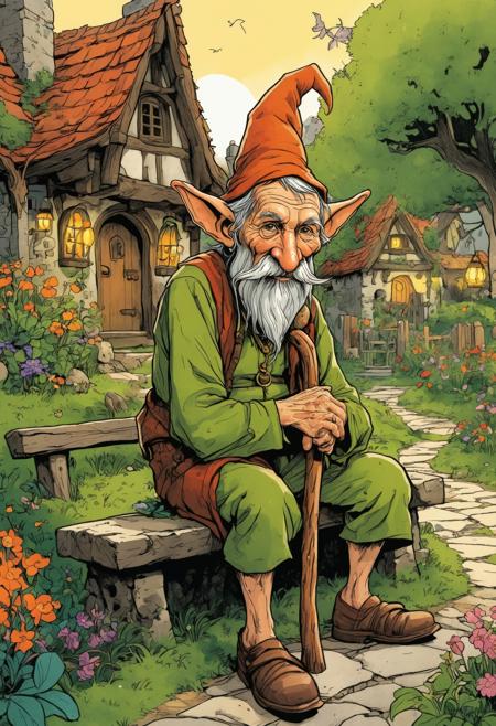  A graphic novel illustration of an old lutin sitting on a moss-covered stone bench in a vibrant, whimsical village resembling the Shire. The colorful cottages with round doors and blooming gardens surround him, casting a warm glow. He clutches a crooked wooden walking stick, his long nose and large ears giving him an eccentric appearance. His face, weathered and full of wrinkles, carries a mix of friendly curiosity and subtle menace. The scene is rich in detail, with wildflowers and lanterns dotting the cobblestone path, creating a magical yet slightly eerie atmosphere