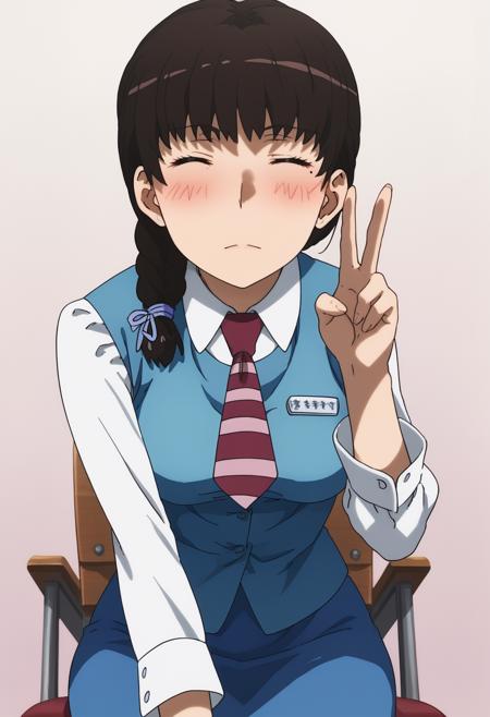 takamiya komachi, brown hair, braid, mole, brown eyes, closed eyes, necktie, uniform, pencil skirt, office lady