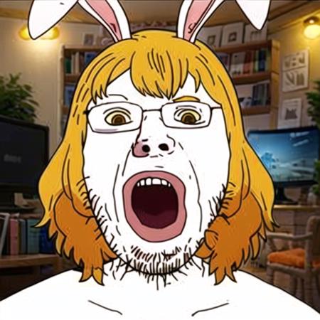 soyjak, carrot, bunny_ears, blonde_hair, open_mouth, stubble, variant:gapejak <lora:Soy:0.9>   <lora:Carrot_OP:0.7>