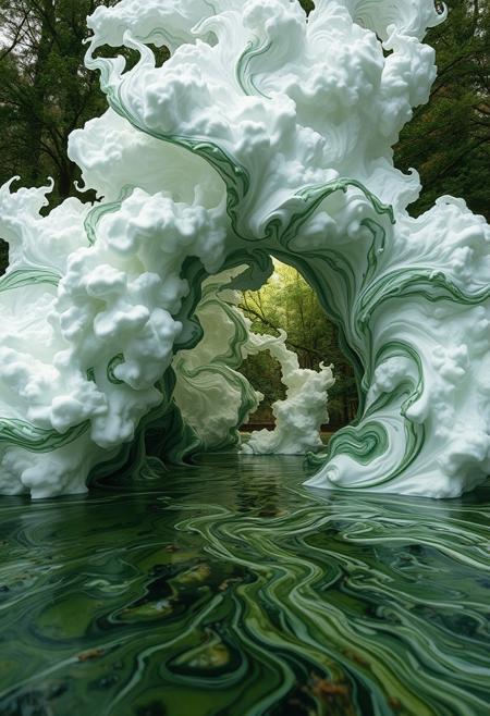 The subject nimbus clouds portal gateway on a lush swampy swamp,  macro of oil and water not mixing is a swirling mass of floating ink that appears as an  at an aperture of f/1.4. The image is artistic and surreal, blending realism with abstraction, capturing movement and energy through its dynamic motion and flowing forms. Abstract shapes, hyperrealistic nature photography of a lush submerged swamp forest medium format kodak gold, eldritch magic