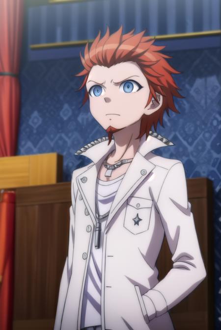 leonkuwata, <lora:leon kuwata s1-lora-nochekaiser:1>,
leon kuwata, short hair, blue eyes, male focus, red hair, facial hair, spiked hair, goatee,
BREAK shirt, jewelry, collarbone, jacket, white shirt, earrings, open clothes, necklace, open jacket, piercing, white jacket, pocket, breast pocket,
BREAK outdoors, classroom,
BREAK looking at viewer, (cowboy shot:1.5),
BREAK <lyco:GoodHands-beta2:1>, (masterpiece:1.2), best quality, high resolution, unity 8k wallpaper, (illustration:0.8), (beautiful detailed eyes:1.6), extremely detailed face, perfect lighting, extremely detailed CG, (perfect hands, perfect anatomy),