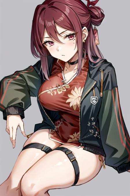 <lora:Kayama Reijo:0.8>, kayama reijo, 1girl, solo, long hair, breasts, looking at viewer, blush, large breasts, simple background, hair ornament, red eyes, long sleeves, dress, hair between eyes, jewelry, sitting, closed mouth, jacket, purple hair, earrings, open clothes, choker, grey background, mole, open jacket, black jacket, mole under eye, thigh strap, black choker, chinese clothes, china dress