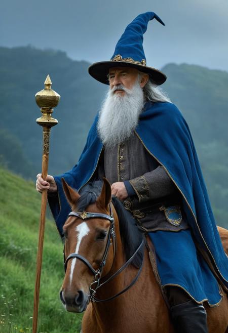 realistic, extremely high quality RAW photograph, intricate, Exquisite details and textures, highly detailed, ultra detailed photograph, 4k, high resolution, an old wizard with a grey beard, a blue pointed hat, a blue wizard cap, a wooden scepter with a blue gem set in it, a wizard riding a brown horse, a horse riding on a green hill at dusk, an epic image, a dynamic image, a sense of movement