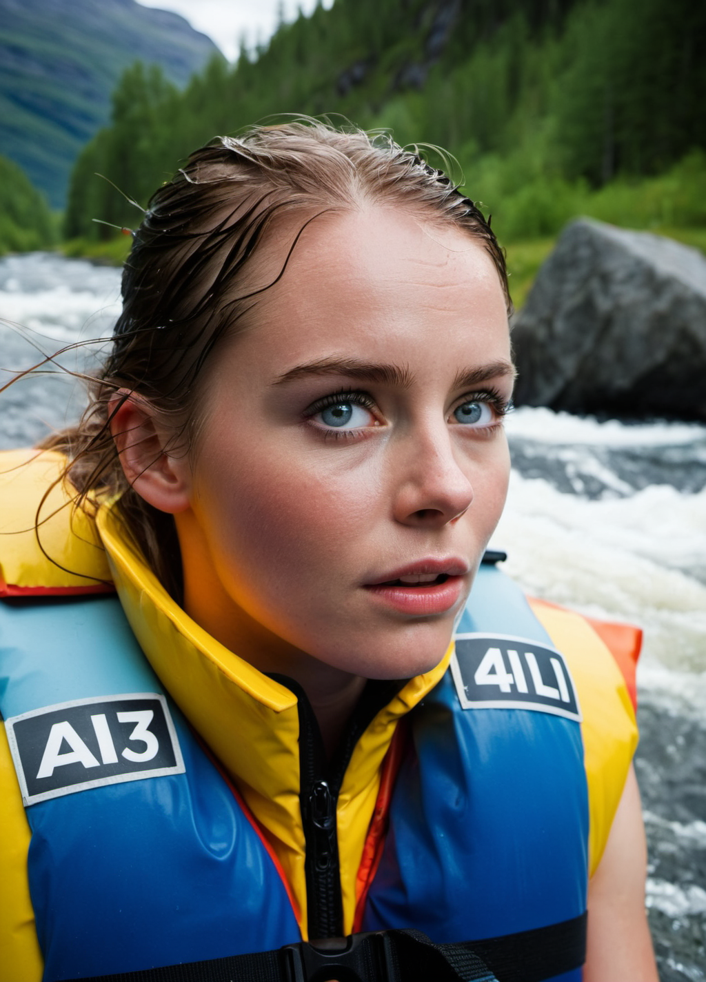 upper body photo, 1girl, pale wet skin, beautiful, (wearing a life vest:1.2), cleavage, topless, perky breasts, perfect eyes, highly detailed beautiful expressive eyes, detailed eyes, drowning, deep raging river, rapids, raft floating in the water, Norway landscape, vast open view in the background, 35mm photograph, film, bokeh, professional, 4k, highly detailed dynamic lighting, photorealistic, 8k, raw, rich, intricate details, key visual, vivid colors