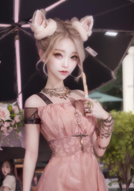 wuxian-xsg,1girl,solo,umbrella,blue eyes,looking at viewer,grey hair,hair bun,holding umbrella,holding,animal ears,pink dress,<lora:wuxian-xsg:0.9>,ulzzang-6500,pureerosface_v1,  expressionism, dreamy, garden background, ((earl grey eyes)))), trending on artstation, artstationHD, artstationHQ