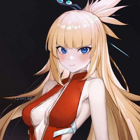 amazing quality, best quality, by lizhiyan360, 1girl, solo, long hair, looking at viewer, blush, blue eyes, blonde hair, hair ornament, red dress, sleeveless dress, cleavage, bare shoulders, upper body, small breasts, blunt bangs, center opening, hair stick, <lora:Aoi-000003:1>