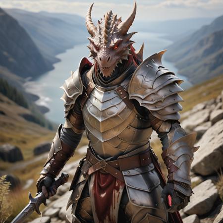 highly detailed photo of a (dragonkin):1.2 in a mountainside,

dragonkin, solo, red eyes, holding, weapon, horns, sword, holding weapon, armor, blood, holding sword, shoulder armor, gauntlets, pauldrons, full armor,

in a mountain pass with rocks and stones,

depth of field:1.2, blurry, blurry background,
realistic:1.3,

photorealistic,
fantasy, cinematic,
32k, best quality, 
god rays:1.2,
dappled sunlight:1.1,




