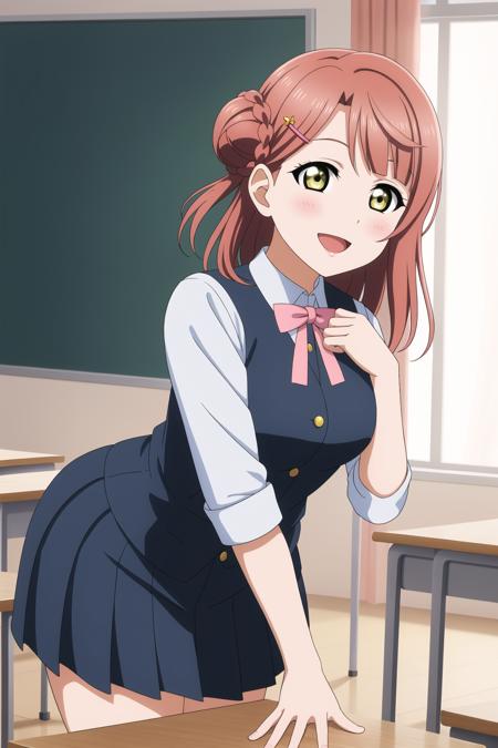 ayumu uehara pink hair, hair ornament, yellow eyes, single side bun