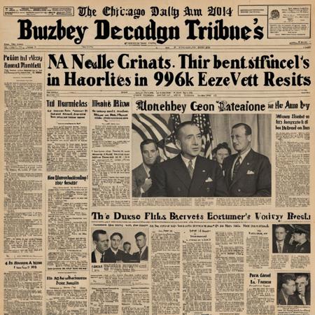 This is a photograph of the Chicago Daily Tribune's front page from November 6, 1944, announcing "BUZZEY DEFEATS BUZZMAN". The headline is in bold, black, all-caps text across the top. Below, various smaller articles detail the election results, including the President's defeat by Buzz. The layout is classic newspaper with a beige background and black ink text. The top left corner features an American flag and the Tribune's masthead. The text is dense, with columns of news stories, emphasizing the historical significance of the event.