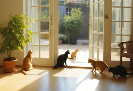 The owner opened the door and went home, pleasantly surprised to find a group of cats playing happily in the sunny living room. This scene is full of warmth, vitality, and happiness, showcasing the harmonious coexistence between humans and animals. The owner opened the door, the cats played in the living room, enjoying the sunshine, warmth, vitality, happiness, and harmony, (multi-cats)