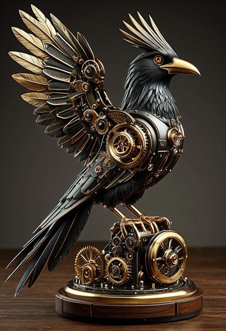 RetroBG,
8k, score_9, score_8_up, score_7_up,
masterpiece,realistic,ultra detailed, vibrant colors,photo-realistic,
Steampunk crow sculpture, intricate mechanical design, (detailed metalwork:1.3),  (gears:1.2), (brass and dark metal:1.1),  bird shaped, crow, (dark plumage:1.2),  ornate steampunk style, (complex structure:1.2),  mechanical bird,  (metal parts:1.3),  gears and cogs integrated into the bird's body,  (detailed feathers:1.1),  (detailed claws:1.2), standing on wooden base, (dark brown wood base:1.1), centered in frame, facing slightly to the right,  full body view,  highly detailed,  photorealistic style,  lighting focused on the sculpture,  rich textures,  composition highlighting the intricacy of the machine,   (polished metal:1.2),  (smooth metal:1.2),  (detailed rivets:1.1),  (complex joints:1.2),  classic steampunk aesthetic,  detailed eyes, (dark eyes:1.1) ,  (mechanical legs:1.2),  (mechanical wings:1.2),  (mechanical tail:1.1) , 
Spreading wings, crows flying in the sky, a distant view of the city,