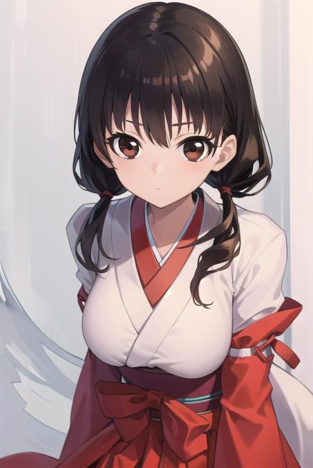 komakijindai, <lora:komakijindai-000010:1>,
komaki jindai, long hair, (black hair:1.5), twintails, (brown eyes:1.7), low twintails, (large breast:1.2), (hair between eyes:1.5),
BREAK skirt, long sleeves, cleavage, japanese clothes, wide sleeves, kimono, hakama, hakama skirt, white kimono, miko, red hakama,
BREAK looking at viewer,
BREAK outdoors, shrine,
BREAK <lora:GoodHands-vanilla:1>, (masterpiece:1.2), best quality, high resolution, unity 8k wallpaper, (illustration:0.8), (beautiful detailed eyes:1.6), extremely detailed face, perfect lighting, extremely detailed CG, (perfect hands, perfect anatomy),