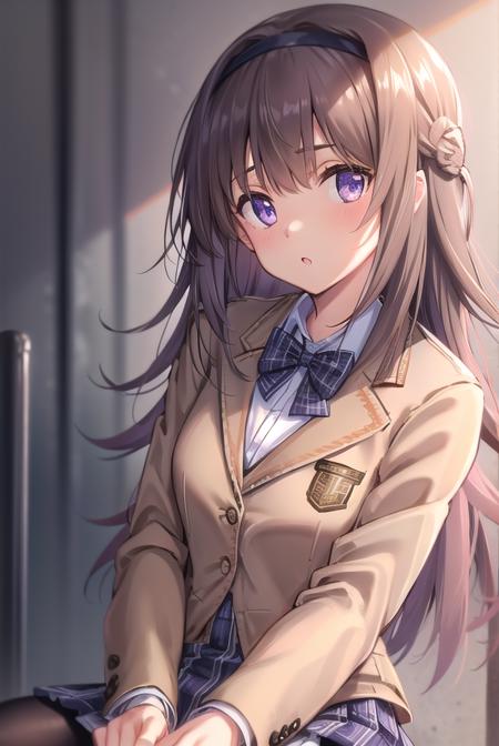 nanaminishijou, <lora:nanaminishijoutest:1>,
nanami nishijou, long hair, brown hair, (purple eyes:1.1), hairband, hair between eyes,
BREAK skirt, school uniform, jacket, plaid, black pantyhose, plaid skirt, blazer, (brown jacket:1.2), (brown blazer:1.2),
BREAK looking at viewer,
BREAK indoors, classroom,
BREAK <lora:GoodHands-vanilla:1>, (masterpiece:1.2), best quality, high resolution, unity 8k wallpaper, (illustration:0.8), (beautiful detailed eyes:1.6), extremely detailed face, perfect lighting, extremely detailed CG, (perfect hands, perfect anatomy),