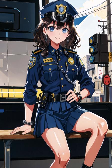 1girl,young,japanese idol,stare at,medium hair,wavy hair,brown hair,(policewoman),police hat,police jacket,blue jaket,black belt,mini skirt,blue skirt,(handcuffs),spread legs,smug