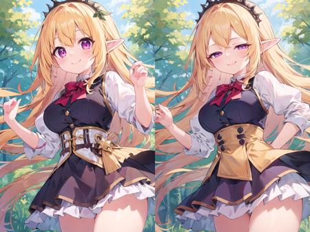 <lora:hosome_v100:1.5>

(cleavage:-1.5), insanely detailed, absurdres, ultra-highres, ultra-detailed, best quality, 1girl, solo, nice hands, perfect hands, BREAK, (wearing houndstooth pattern dress), happy smile, laugh, closed mouth, dynamic pose, from below, cowboy shot, BREAK, slender, kawaii, perfect symmetrical face, ultra cute girl, ultra cute face, ultra detailed eyes, ultra detailed hair, ultra cute, ultra beautiful, BREAK, in forest, BREAK, elf girl, blonde hair, elf ear, pink eyes, large breasts, cleavage