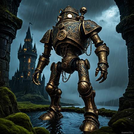giant bipedal robot brass and weathered reflex blue and bronze paisley robot. lacy robot metal. diving helmet torso head. outside of a steampunk keep. large detailed torso. dark image. one forty foot tall ancient robot with great arms and two heavy spring legs. dark foggy night background. $dark foggy night image only. dark photo realistic image. steampunk details. cogs, chains and pipes incorporated in the fantasy buildings. magic wizards tower in background. Dark swamp, moss, castle ruins, wizards tower. stormy dark night. stormy sky. rain. no head.