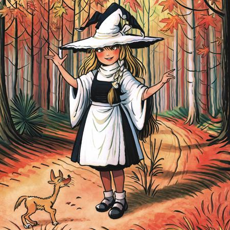 sut, award winning beautiful commission art, (masterpiece), (highest quality), cute, highly detailed, dynamic pose, anatomically correct, 5 fingers, 1girl, solo, official art, character design, concept art, highly detailed, illustration digital art, digital painting,  full body, forest, (kirisame marisa:1.4), witch hat, happy, smiling, autumn, tree, evening <lora:suteev_v6-000012:1>