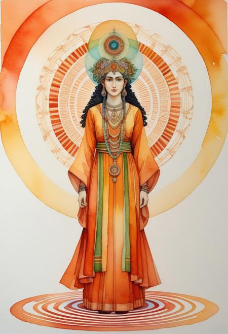 Centered, Full-Body Height, Portrait FEMALE DRUID, MAGIC STONE, Glitchcore, Watercolor and Pen, Op Art, Amber, Abanindranath Tagore, Phyllis Galembo