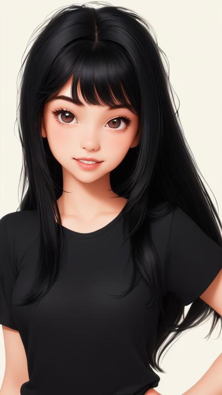 hands on hips 1girl solo shirt hand on hip teeth long hair realistic signature black hair bangs T-shirt short sleeves black shirt lips <lora:DuckCute2:1.0>