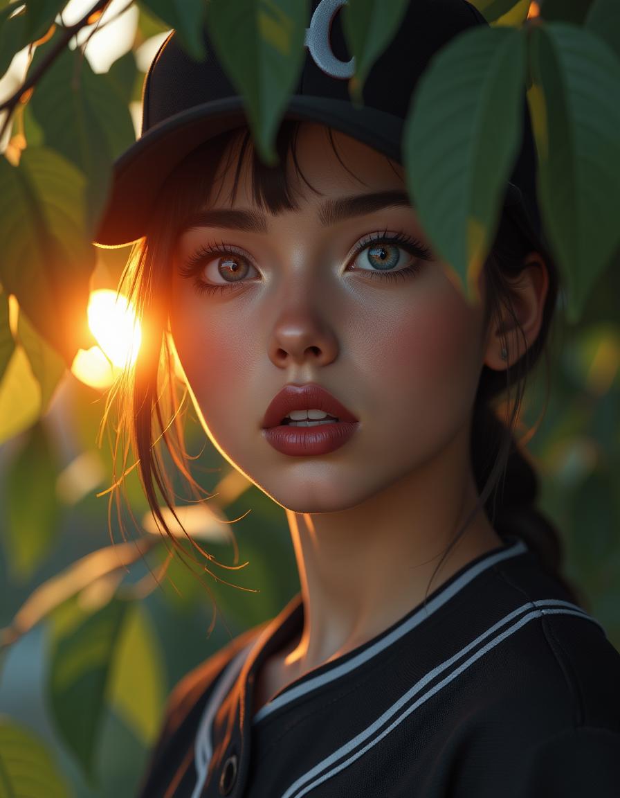 A hyper-realistic cinematic close-up of a petite Macanese woman with celestial blue eyeshadow and striking dark lipstick, clad in a black baseball uniform against a backdrop of stylized green leaves. The image captures her surprised expression in stark detail, illuminated by dramatic specular highlights emanating from the rising sun partially obscured by foliage. Rendered in Minrill's signature minimalist style with clean lines and meticulous attention to texture, prioritizing realistic skin tones and fabric depiction within a Gotham-esque color palette.