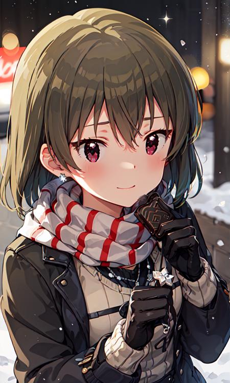 subaru nagayoshi (million live), (best quality, 8K, masterpiece, ultra detailed:1.2), cinematic angle, winter, snow, snowflakes, street, neon lights, blurry background, blurry foreground, sparkle, light particles, starry sky, constellation, beautiful clouds,
1girl, solo, sweet, cute, blush, shy, innocent, winter coat, striped scarf, ribbed sweater, black thighhighs, wooden gloves, earrings, necklace, hair ornament, valentine, holding chocolate, (from above:1.1), upper body, (looking at viewer)