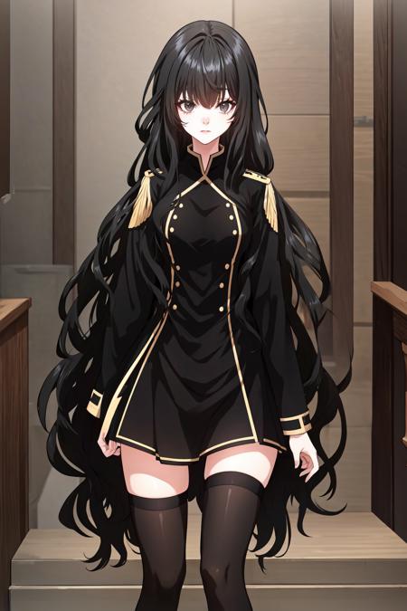 kathyln, 1girl, solo, long hair, black hair, thighhighs, dress, black thighhighs, uniform, black eyes, zettai ryouiki, genderswap, genderswap (mtf), stairs, masterpiece, 30 years, woman  <lora:kathyln:1>