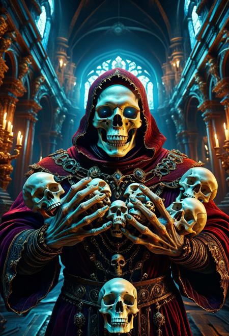 aidmamj6.1, necromancer grabbing a handful of skulls, fantasy building interior, detailed background, Detailed face, detailed eyes, perfect eyes, absurdres, high quality, masterpiece, very aesthetic, 8K resolution, ultra-detailed cinematic composition, contemporary concept art style, volumetric magical atmosphere with ethereal glow, rich complementary color palette, vivid gradients and chiaroscuro contrast, dynamic perspective with layered depth of field, inspiring awe-inspiring mood, Unreal Engine 5 render quality, intricate textures, flawless anatomy, rule of thirds composition, luminous highlights, surreal ambiance, award-winning illustration, harmonious balance of light and shadow, photorealistic details, ArtStation trending, chromatic accents, nostalgic futurism, dreamlike serenity, bold creativity, professional finish, sharp focus, ambient background, fascinating dynamic motion,, Baroque art style, dynamic composition, dramatic lighting, rich colors, intricate details, professional-grade execution, captures the grandeur and theatricality of the Baroque period