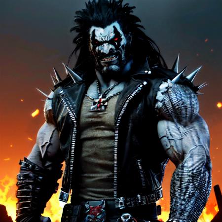 ((standing on a hill of skulls, explosions and fire in background)), high detail skin, high detail eyes, high detail hair, highres, ultra detailed, sharpen picture, Highly detailed, masterpiece, best quality,  <lora:LoboLoRA:1> lobo with long hair, face paint, glowing red eyes, wearing rockeroutfit leather jacket armor chains and spikes skulls