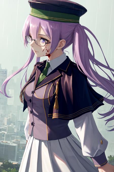 masterpiece, (detailed, highres, best quality), 1girl, <lora:spfgoSokaris:1> sokarisdef, glasses, hat, white shirt, green necktie, jacket, capelet, long sleeves, white skirt, blood, close-up, from side, letterboxed, rain, signature, From above