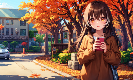 (pixelart), (mksks style, detailed background), nanashi_mumei, feather, solo, brown shirt, brown hair, long hair, comfy, (outdoors, spring \(season\), autumn), long sleeves,