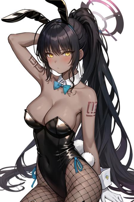 best quality, masterpiece, highres, solo, {karin_bluearchive:1.15}, black_hair, dark-skinned_female, dark_skin, long_hair, yellow_eyes, bangs, breasts, large_breasts, halo, bow, blush, bowtie, blue_bow, very_long_hair, blue_bowtie, ponytail, closed_mouth, animal_ears, fake_animal_ears, rabbit_ears, 1girl, bare_shoulders, detached_collar, looking_at_viewer, official_alternate_costume, playboy_bunny, simple_background, traditional_bowtie, white_background, collarbone, hair_between_eyes, number_tattoo, tattoo