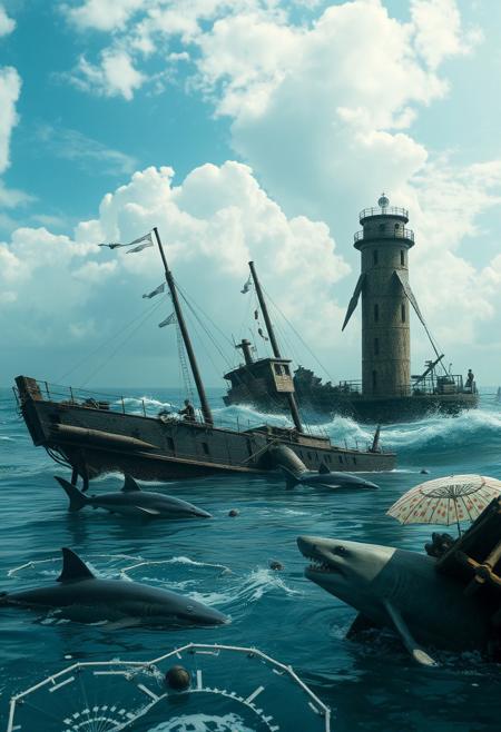 surreal scene, broken lighthouse, warship wreck, humanoid sculpture, sharks in shallow water, umbrellas, distorted reality, (dreamlike:1.3), detailed sky, ocean waves, rusted metal, decayed environment, dramatic lighting, high resolution, photorealism, artistic composition, (eerie atmosphere:1.2), intricate details, (blurry:-1.1), (ugly:-1.3), (cartoonish:-1.1), (low quality:-1.1), (lowres:-1.1), (bad anatomy:-1.1), (poorly rendered:-1.1), (overexposed:-1.1), (flat colors:-1.1), (noisy:-1.1), (disjointed elements:-1.1), (bad composition:-1.3), (unbalanced:-1.1)
