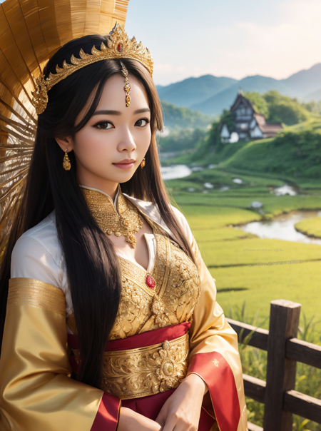 masterpiece, ultra detailed, woman, wearing traditional thailand attire, wearing crown, long hair, windy, wearing, background is rural area, (night:1.2), detailed shadow, detailed face textures