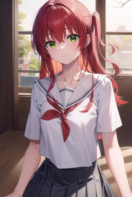 kitaikuyo, <lyco:ikuyokita-lyco-nochekaiser:1>, 
ikuyo kita, (green eyes:1.5), hair between eyes, long hair, one side up, red hair, (flat chest:1.2), smile,
BREAK black footwear, black skirt, grey sailor collar, pleated skirt, sailor collar, school uniform, shoes, short sleeves, shuka high school uniform, skirt,
BREAK indoors, classroom,
BREAK looking at viewer, (cowboy shot:1.5),
BREAK <lyco:GoodHands-beta2:1>, (masterpiece:1.2), best quality, high resolution, unity 8k wallpaper, (illustration:0.8), (beautiful detailed eyes:1.6), extremely detailed face, perfect lighting, extremely detailed CG, (perfect hands, perfect anatomy),