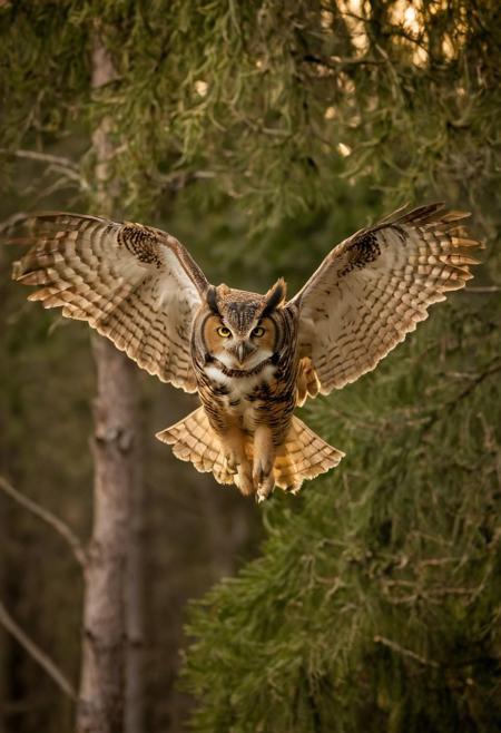 "Capture the magic of avian aerodynamics with a mesmerizing shot of a Great Horned Owl in mid-flight, near High River, Canada! Freeze the exact moment when this majestic bird thrusts her wings forward, forming a perfect 'Flying Saucer' shape as they connect in front of her, generating lift and momentum. With the Canon EOS 5D Mark IV paired with the EF 100-400mm f/4.5-5.6L IS II USM lens, take advantage of the shallow depth of field to blur the surrounding trees, isolating the owl's sleek, golden feathers and powerful wings. As the late afternoon sun casts a warm, golden light, incorporate subtle bokeh elements, where the dappled sunlight filtering through the trees creates soft, circular highlights, adding a sense of dynamism and energy to the image. With the owl's piercing gaze and wings spread wide, create a sense of drama and movement, as if the viewer is right there with the bird, feeling the rush of wind and the thrill of flight."