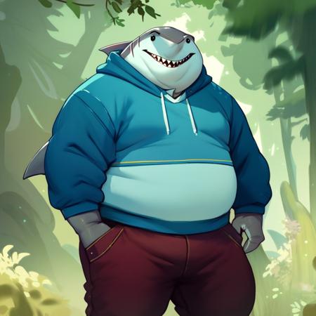 score_9, score_8_up, score_7_up, score_6_up, score_5_up, score_4_up, king shark, shark, anthro, fat, three toes, blue hoodie, burgundy pants, friendly pose, forest background, looking at viewer